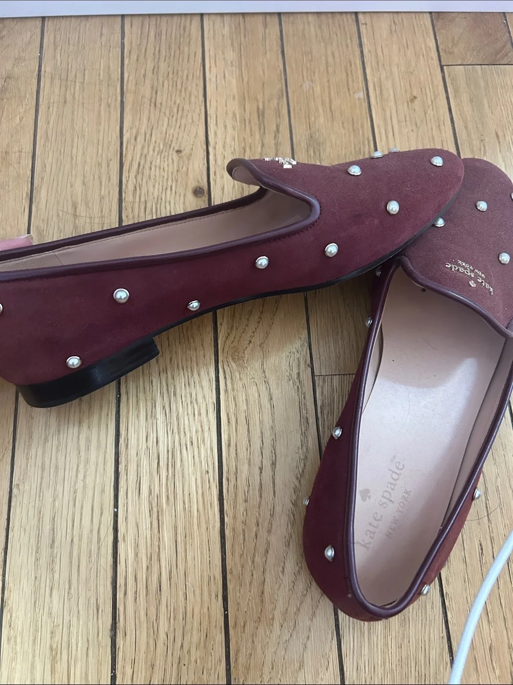 kate spade Burgundy Suede Pearl-Stud Loafers